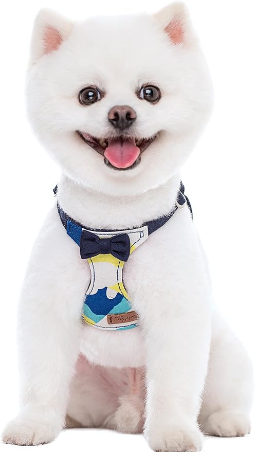 Puppytie No Pull xs Dog Harness with Multifunction Dog Leash,Soft Adjustable No Choke Escape Proof Pet Harness Vest,Suede Bow Navy,XS Puppytie
