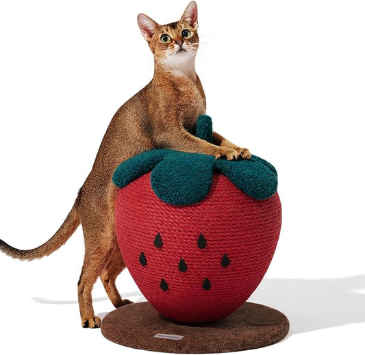 VETRESKA Strawberry Cat Scratching Post, Cute Cat Scratcher with Sisal Rope, Vertical Cat Scratch Post for Indoor Cat and Kitten, Ring Paper Strawberry Leaves Attract Cats - PAWPICO