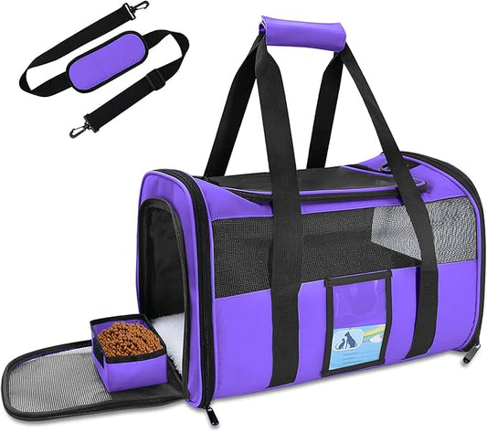 Refrze Pet Carrier Airline Approved, Cat Carriers for Medium Cats Small Cats, Soft Dog Carriers for Small Dogs Medium Dogs, TSA Approved Pet Carrier for Cats Dogs of 15 Lbs, Puppy Carrier,Purple - PAWPICO