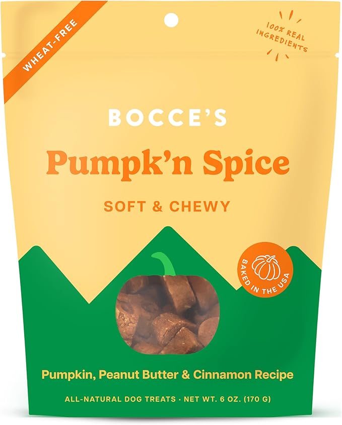 Bocce’s Bakery Pumpk'n Spice Treats for Dogs, Wheat-Free Everyday Dog Treats, Made with Real Ingredients, Baked in The USA, All-Natural Soft & Chewy Cookies, Pumpkin, Peanut Butter, & Cinnamon, 6 oz - PAWPICO