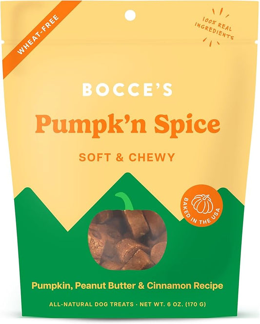 Bocce’s Bakery Pumpk'n Spice Treats for Dogs, Wheat-Free Everyday Dog Treats, Made with Real Ingredients, Baked in The USA, All-Natural Soft & Chewy Cookies, Pumpkin, Peanut Butter, & Cinnamon, 6 oz - PAWPICO