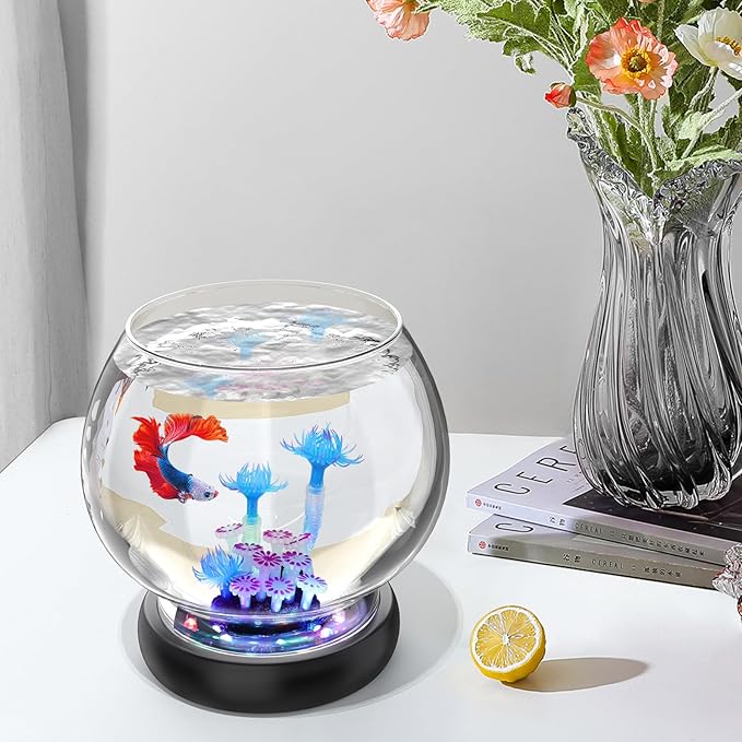 hygger 0.5 Gallon/1 Gallon Glass Fish Bowl with LED Light and Decor, Small Round Betta Fish Tank Goldfish Bowl, Round Clear Unbreakable Aquarium/Vase/Hydroponic Plant Terrarium, Nice Centerpieces hygger