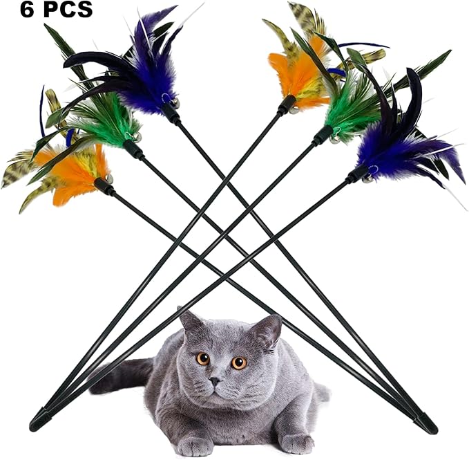 Cat Wand Toy Feather Stick Cat Toys, 6 PCS Cat Toy Feather Wand for Indoor Cats Play Exercise - PAWPICO