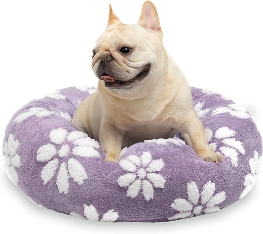 Donut Dog Beds for Small Dogs, Calming Round Cat Beds for Indoor Cats, Cute 3D Textured Flower Pet Bed with Removable Washable Cover and Anti-Slip Bottom（Purple，23"） - PAWPICO