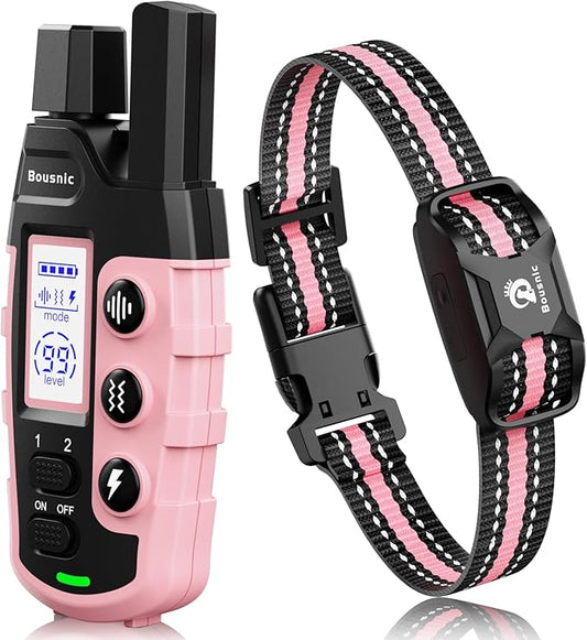 Bousnic Dog Shock Collar - 3300Ft Dog Training Collar with Remote for 5-120lbs Small Medium Large Dogs Rechargeable Waterproof e Collar with Beep (1-8), Vibration(1-16), Safe Shock(1-99) (LightPink) BOUSNIC