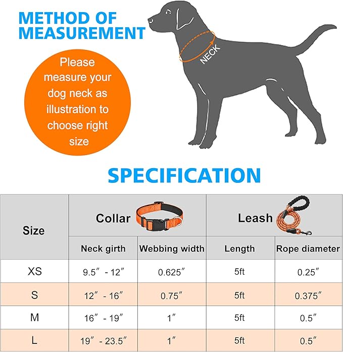 Reflective Dog Collar Padded with Soft Neoprene Breathable Adjustable Nylon Dog Collars for Small Medium Large Dogs (Large (Pack of 1), Orange Collar+Leash) ladoogo