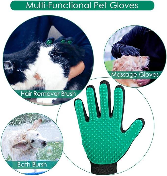 DELOMO Pet Hair Remover Gloves, 255 Tips, Deshedding Glove for Dog and Cat, Gentle De-Shedding Glove Brush, Green, 2 Count - PAWPICO