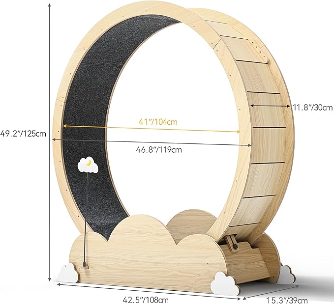 DWVO 47in Cat Exercise Wheel for Indoor Cats with Locking Mechanism, Natural Solid Wood Sturdy Cat Treadmill Wheel with Detachable Carpet, Suitable for Most Cats - PAWPICO
