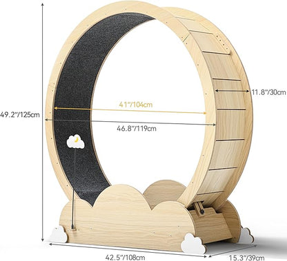 DWVO 47in Cat Exercise Wheel for Indoor Cats with Locking Mechanism, Natural Solid Wood Sturdy Cat Treadmill Wheel with Detachable Carpet, Suitable for Most Cats - PAWPICO
