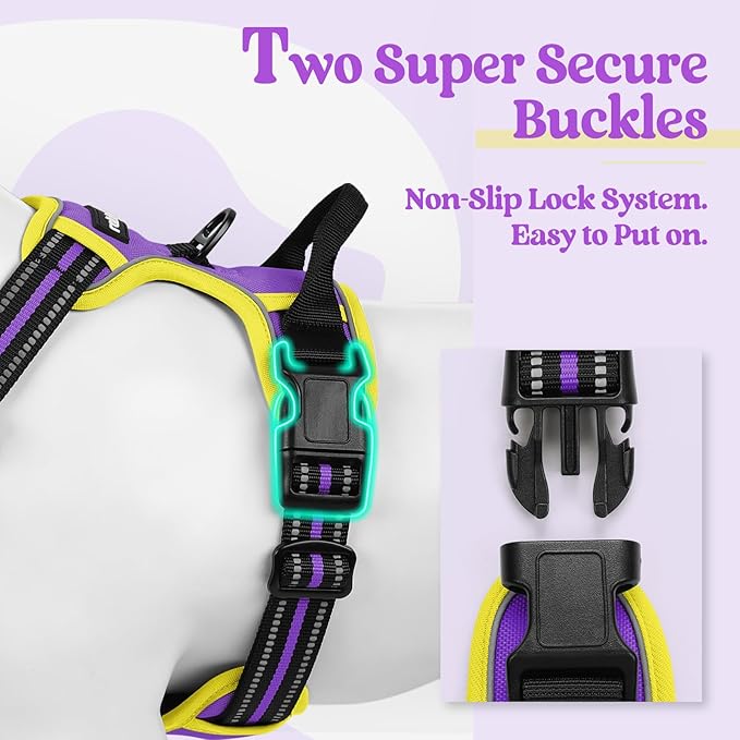 rabbitgoo Dog Harness No Pull with 2 Leash Clips, Adjustable Soft Padded, Reflective Oxford No Choke Pet Vest with Easy Control Handle for Large Dogs, Purple & Yellow, L rabbitgoo