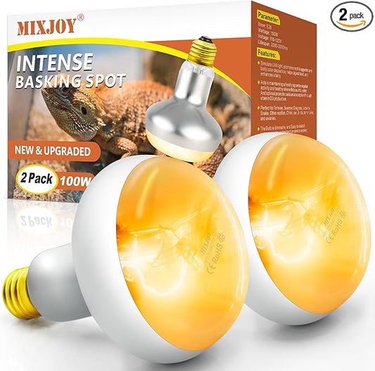 MIXJOY 100W Reptile Heat Lamp Bulb, 2Pack Reptile Basking Spot Light, Upgraded Intense Heat Basking Bulb, UVA Daylight Heat Lamp Bulbs for Reptiles, Bearded Dragon, Lizard, Tortoise, Chicken MIXJOY