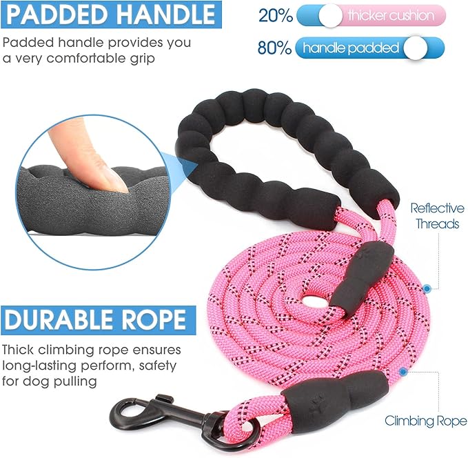BAAPET 2/4/5/6 FT Dog Leash with Comfortable Padded Handle and Highly Reflective Threads for Small Medium and Large Dogs (5FT-1/3'', Pink) BAAPET