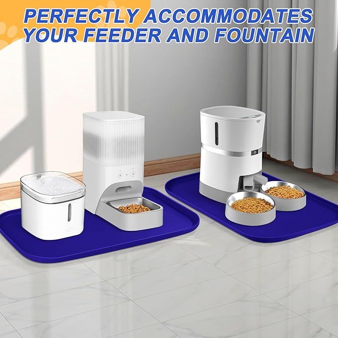 Silicone Pet Feeding Mat with Raised Edge, Dog Cat Bowl Mats for Food and Water, Pet Placemat for Floors Waterproof, 22” x 14” x 0.8” Navy Blue - PAWPICO