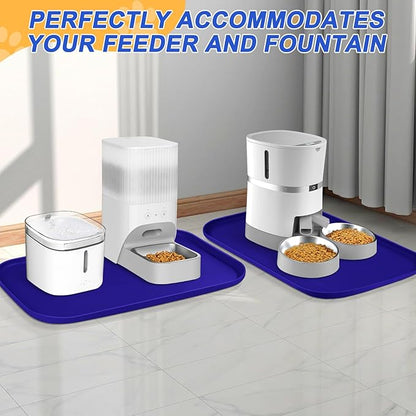 Silicone Pet Feeding Mat with Raised Edge, Dog Cat Bowl Mats for Food and Water, Pet Placemat for Floors Waterproof, 24” x 16” x 0.8” Navy Blue - PAWPICO