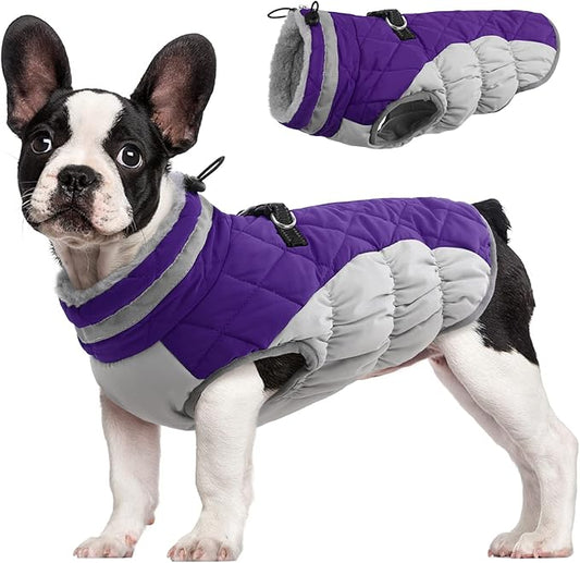 FUAMEY Dog Coat,Warm Dog Jacket Winter Coat Paded Dog Fleece Vest Reflective Dog Cold Weather Coats with Built in Harness Waterproof Windproof Dog Snow Jacket Clothes with Zipper Purple X-Small - PAWPICO