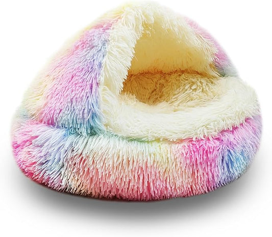 ShinHye Cat Bed Round Plush Fluffy Hooded Cat Bed Cave, Cozy for Indoor Cats or Small Dog beds, Soothing Pet Beds Doughnut Calm Anti-nxiety Dog Bed - Waterproof Bottom Washable (23×23inch, Multicolor) - PAWPICO
