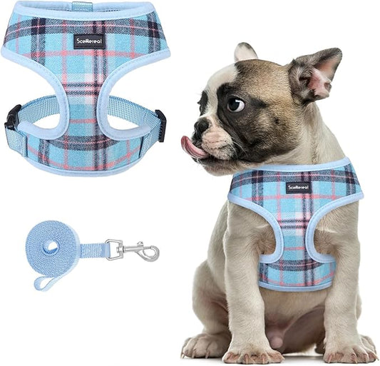 SCENEREAL Puppy Dog Harness with Leash Set for Small Medium Sized Dogs, Soft Mesh Step in Pet Harnesses and Leash, No Chock Plaid Adjustible No Pull Vest for Dogs Cats, Chihuahua,Bulldog (Blue M) SCENEREAL