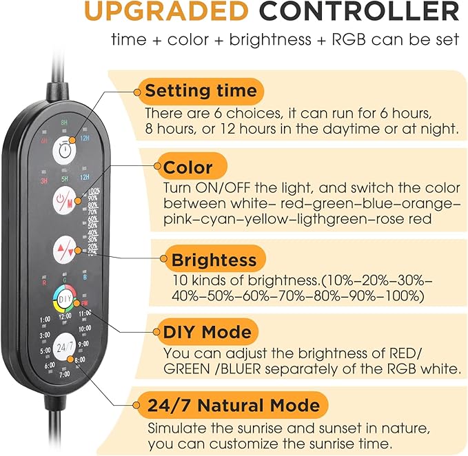 hygger 18W LED Aquarium Light for Plants, Full Spectrum Fish Tank Light with Timer Auto On/Off, 24/7 Lighting with Multi-Color, Adjustable Brightness, External Controller, for Freshwater(18"-24") hygger