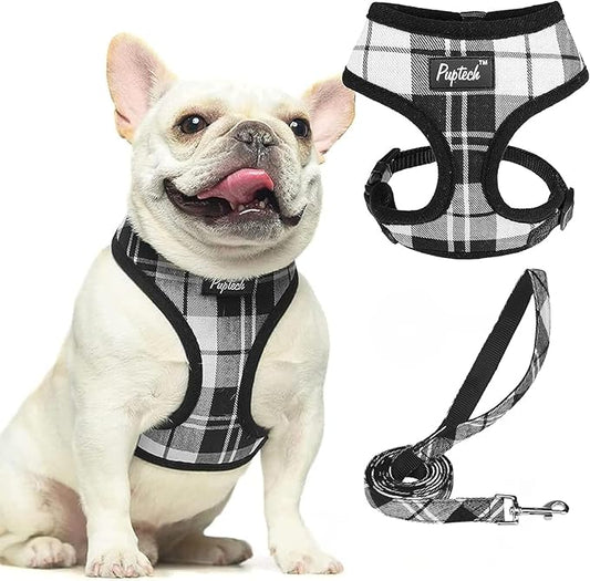 PUPTECK Soft Mesh Dog Harness and Leash Set Pet Puppy Cat Comfort Padded Vest No Pull Harnesses, Black&White, M PUPTECK
