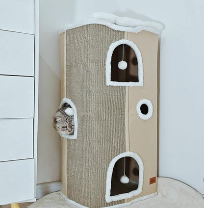4-Level Cat House for Indoor Cats, Large Adult Cat Peekaboo Cave Bed Cats Cube Houses with Scratch Pad Cat Towers Cute Kitten Condo Hideaway Hut for Multi Pets Under 55 lbs Beige - PAWPICO