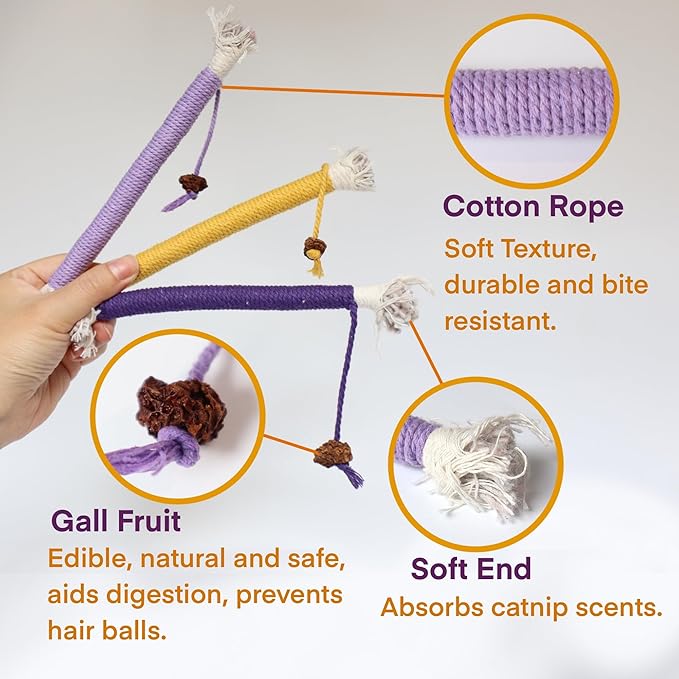 Cat Toys for Indoor Cats, Kitten Toys for Indoor Kittens, Catnip Rope Chew Toys for Teeth Cleaning, Interactive Cat Teething Toy, Kitty Kicker Toy, 3 Pack (Plus 1 Pouch of Catnip) - PAWPICO