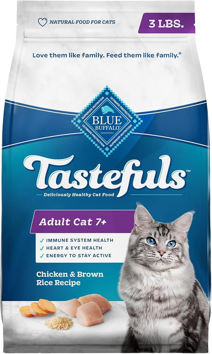 Blue Buffalo Tastefuls Mature Dry Cat Food for Adult Cats 7+, Made in the USA with Natural Ingredients, Chicken & Brown Rice Recipe, 3-lb. Bag - PAWPICO