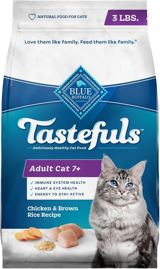 Blue Buffalo Tastefuls Mature Dry Cat Food for Adult Cats 7+, Made in the USA with Natural Ingredients, Chicken & Brown Rice Recipe, 3-lb. Bag - PAWPICO