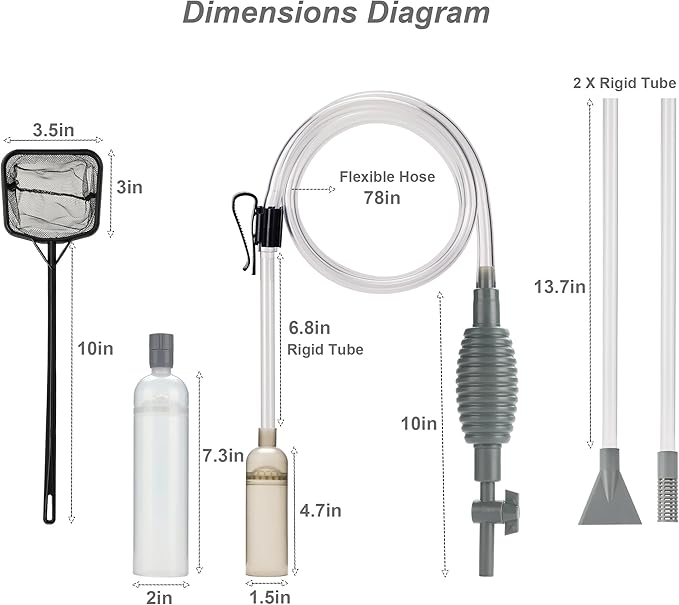 Aquarium Siphon Vacuum Cleaner Kit with Dual Tubes and Fish Net, Ideal for Gravel and Sand Cleaning, Fits All Tank Sizes, Gravel Vacuum for Aquarium Kit aqmglan