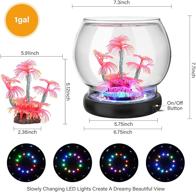 hygger 0.5 Gallon/1 Gallon Glass Fish Bowl with LED Light and Decor, Small Round Betta Fish Tank Goldfish Bowl, Round Clear Unbreakable Aquarium/Vase/Hydroponic Plant Terrarium, Nice Centerpieces hygger