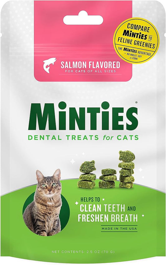 Minties Dental Treats for Cats, Salmon Flavored Treats for Cats, Freshens Breath and Controls Tartar, 2.5oz Minties