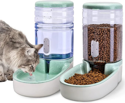 Automatic Dog Cat Feeder and Water Dispenser Gravity Food Feeder and Waterer Set with Pet Food Bowl for Small Medium Dog Puppy Kitten, Large Capacity 1 Gallon x 2 - PAWPICO