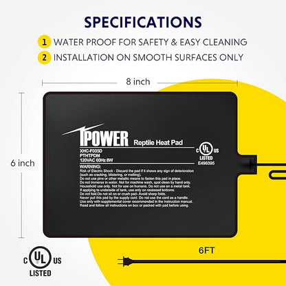iPower Reptile Heat Pad 6X8 Inch 8W Under Tank Terrarium Warmer Heating Mat for Turtle, Lizard, Frog, Snake, Reptile, and Other Small Animals iPower