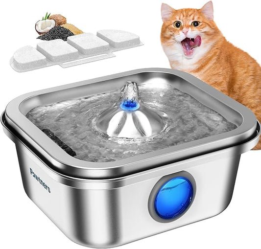 Cat Water Fountain Stainless Steel, 4L/135oz Pet Fountain, Automatic Dog Drinking Dispenser with Water Level Window, Filter, Quiet Pump, Silver - PAWPICO