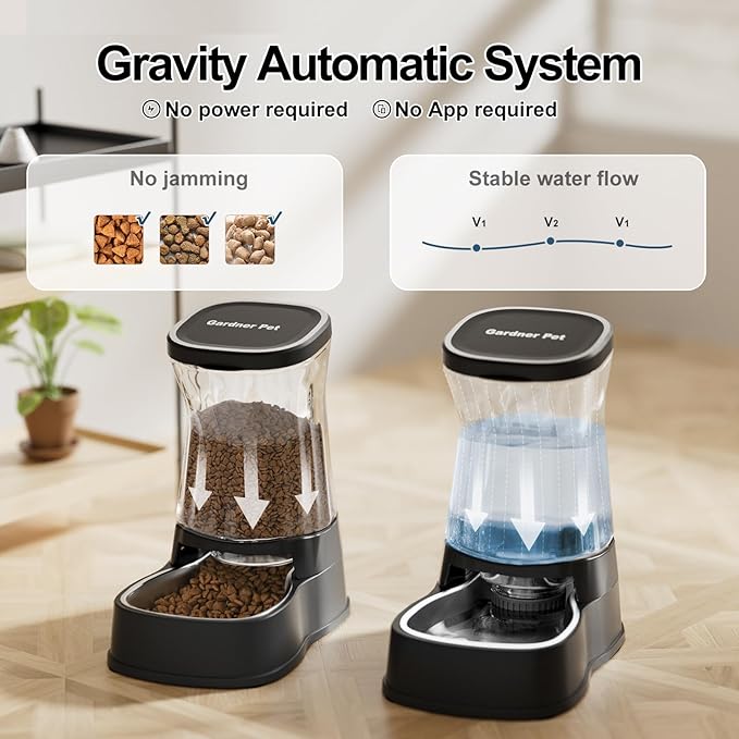 Automatic Pets Gravity Feeder and Water Dispenser Set with Stainless Steel Bowl, 1Gallon x 2 Stable Dog Food Feeder and Waterer, 100% BPA-Free for Small&Medium Dogs, Cats, Puppies(Black) - PAWPICO