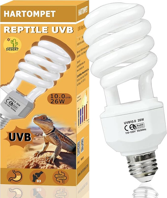 10.0 UVB Reptile Light 26W, Compact Fluorescent Desert Terrarium Lamp, Powerful Coil UVB Bulbs for Reptile Tanks and Terrariums, Ideal for Tortoises, Iguanas and Other Sun-Loving Species HARTOMPET