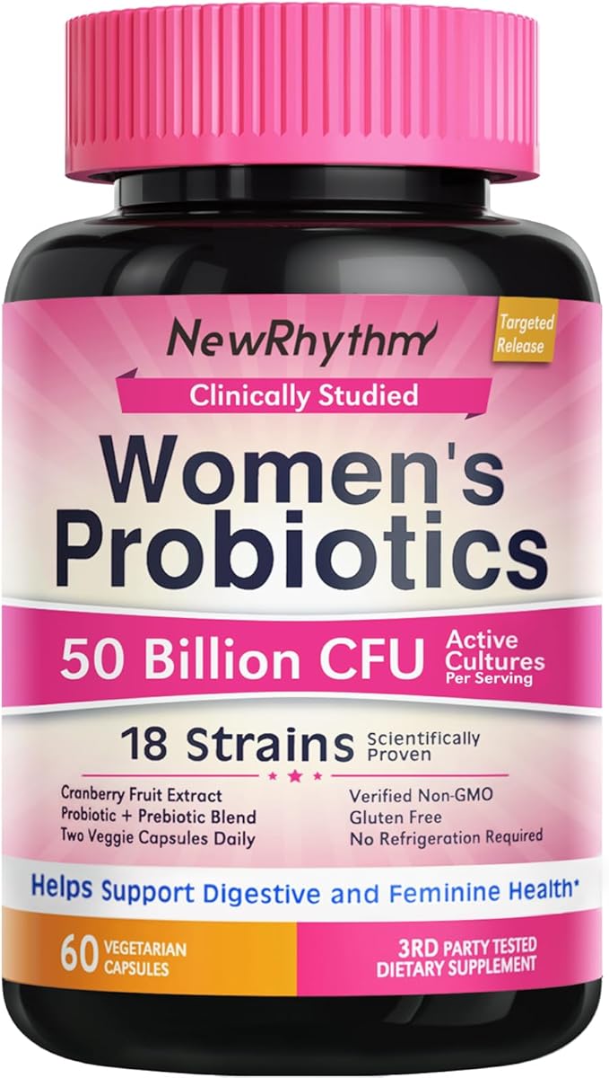 NewRhythm Women's Probiotics, Organic Cranberry for Women's Vaginal Health, 50 Billion CFU 18 Strains, Probiotics and Prebiotics, Support Digestive Health, 60 Vegan Capsules NewRhythm