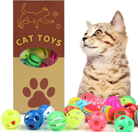 24pcs Value Pack Plastic Ball Cat Toys Lattice Balls with Bell Jingle Kitten Toy Rainbow Ball, Gift Box Styles - PAWPICO