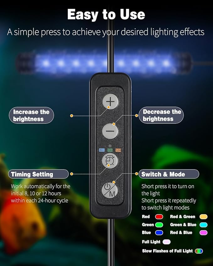 Pawfly 1.8 W Aquarium LED Light 7.5 Inch Underwater Fish Tank Light with Timer Auto On/Off Fish Tank Background Light with 8 Lighting Modes Submersible Multi-Colored Tube Light for Decoration Pawfly