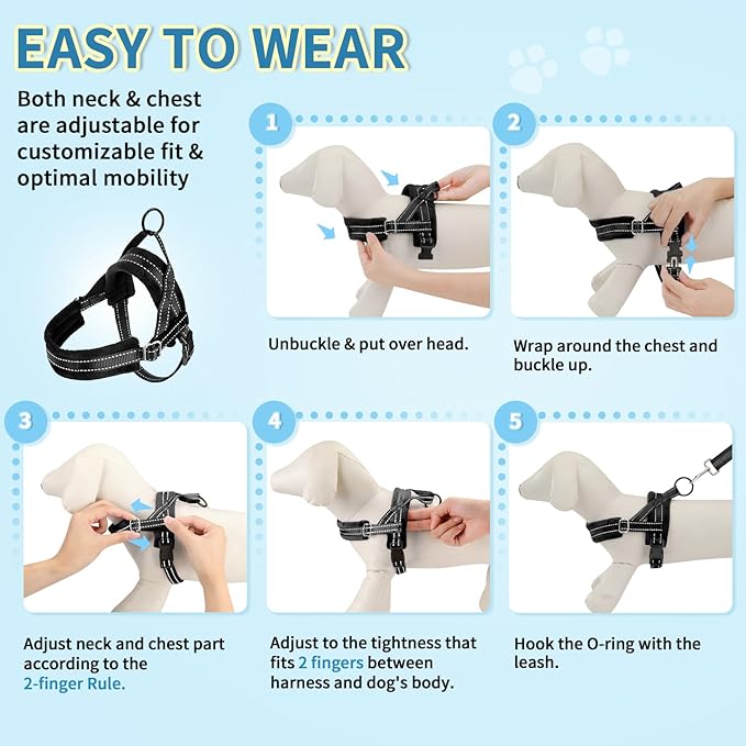 SlowTon No Pull Small Dog Harness and Leash Set, Puppy Soft Vest Harness Neck & Chest Adjustable, Reflective Lightweight Harness & Anti-Twist Pet Lead Combo for Small Medium Dogs (Black, XXS) SlowTon