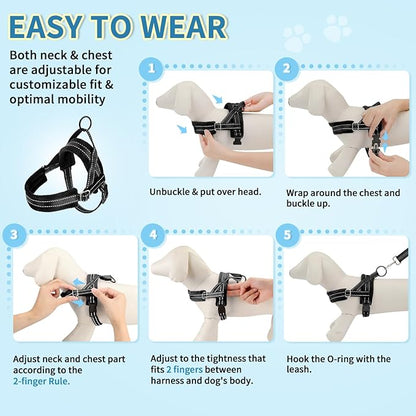 SlowTon No Pull Small Dog Harness and Leash Set, Puppy Soft Vest Harness Neck & Chest Adjustable, Reflective Lightweight Harness & Anti-Twist Pet Lead Combo for Small Medium Dogs (Black, XXS) SlowTon