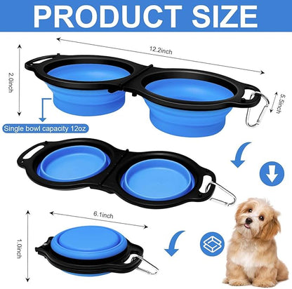 Collapsible Silicone Cat and Dog Travel Bowls,2 in 1 Foldable Pet Feeding and Watering Dish for Walking Camping Hiking with Carabiner (Blue) - PAWPICO