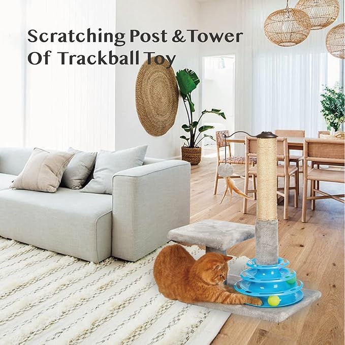 PEEKAB Tall Cat Scratching Post Kitten Sisal Scratcher Tree with Cat Tracks Toy Balls for Indoor Cats and Kittens - 25 inches - PAWPICO