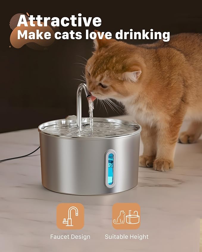 Cat Water Fountain Stainless Steel: 74oz/2.2L Cat Fountain for Drinking - Pet Water Fountain for Cats Inside - Automatic Cat Water Dispenser Bowl - Cat Feeding & Watering Supplies 6 Filters 3 Sponges - PAWPICO