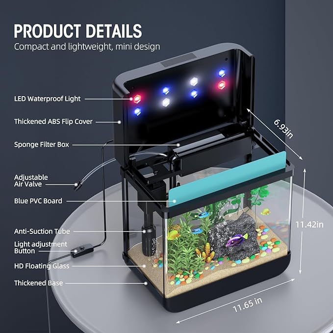 Fish Tank Aquarium 2.2 Gallon with Adjustable 3 Color Lighting Self Cleaning 3 in 1 Pump with Filteration, Oxygenation, Water Circulation Triple Function, HD Float Glass, Leak-Proof Thickened Base Focusonhomelifeandhealth