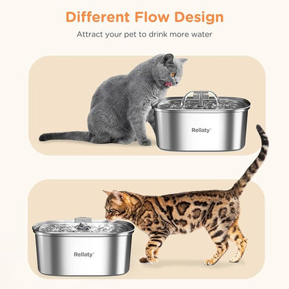 Cat Water Fountain Stainless Steel: 3.2L/108oz Pet Foundatin Water Bowl for Cats Inside Automatic Dog Drinking Dispenser Dish Animal Feeding & Watering Supplies Waterfall with 8 Replacement Filters - PAWPICO