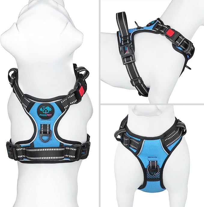 PHOEPET No Pull Dog Harness Medium Reflective Front Clip Vest with Handle,Adjustable 2 Metal Rings 3 Buckles,[Easy to Put on & Take Off](M, Blue) PHOEPET