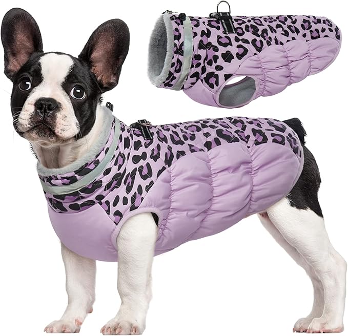 FUAMEY Dog Winter Coat,Dog Cold Weather Coats Dog Jackets with Zipper on Back with Harness Built in Dog Paded Vest Water Resistant Reflective Jacket for Small Medium Large Dogs Purple Leopard M - PAWPICO