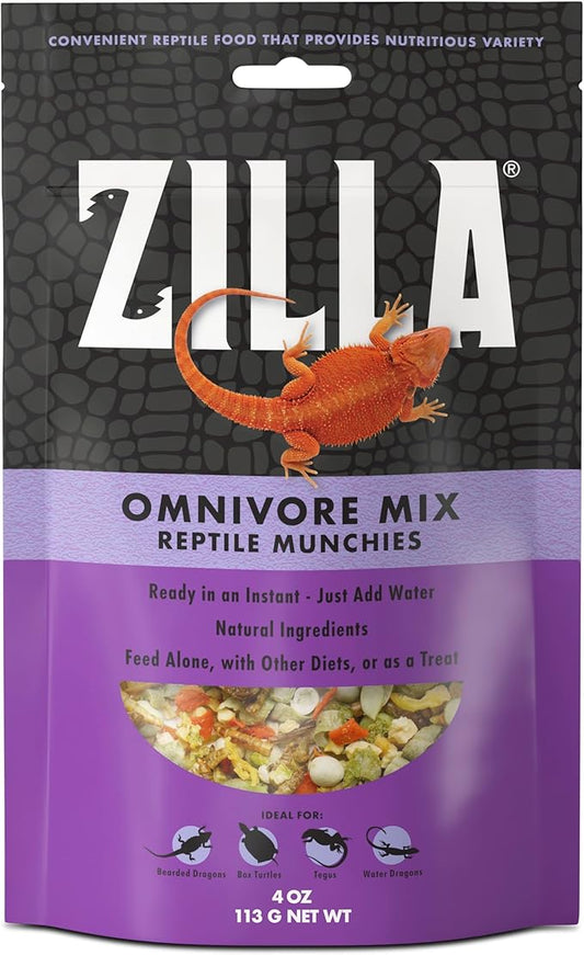 Zilla Reptile Munchies, Omnivore Mix, Dehydrated and Sun Dried Vegetables and Insects, Natural Ingredients, Resealable Bag 4 oz. Zilla