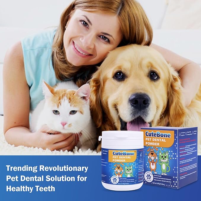 CuteBone Dog Teeth Cleaning Powder - Dog Dental Powder Pet Breath Freshener - Safe & Effective Natural Oral Care Formula Reduces Plaque & Tartar Promotes Healthy Gums Easy-to-Use for Dogs & Cats CuteBone