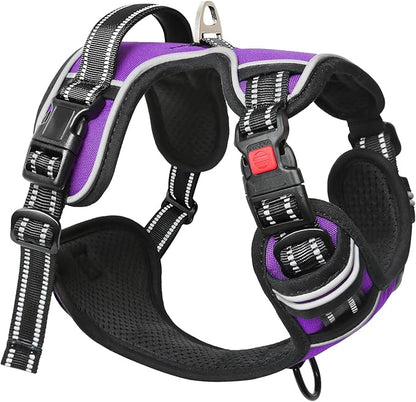 Timos Dog Harness Large Sized, No Pull Dog Harness with Neck Lockable Snap,No Choke Front Clip Dog Reflective Harness,Adjustable Metal Rings 3 Buckles,Easy Control Handle for Large Dogs Purple XL Timos